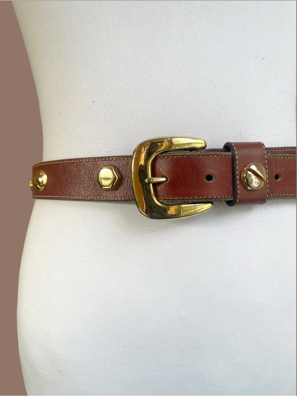 Vintage Studded Leather Belt Cognac Brown 90s Statement M